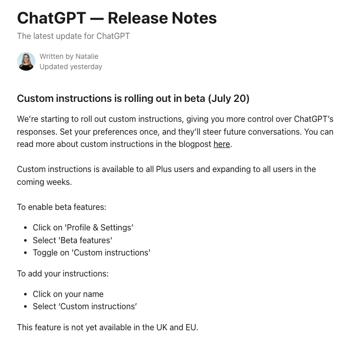Custom instructions is rolling out in beta (July 20)