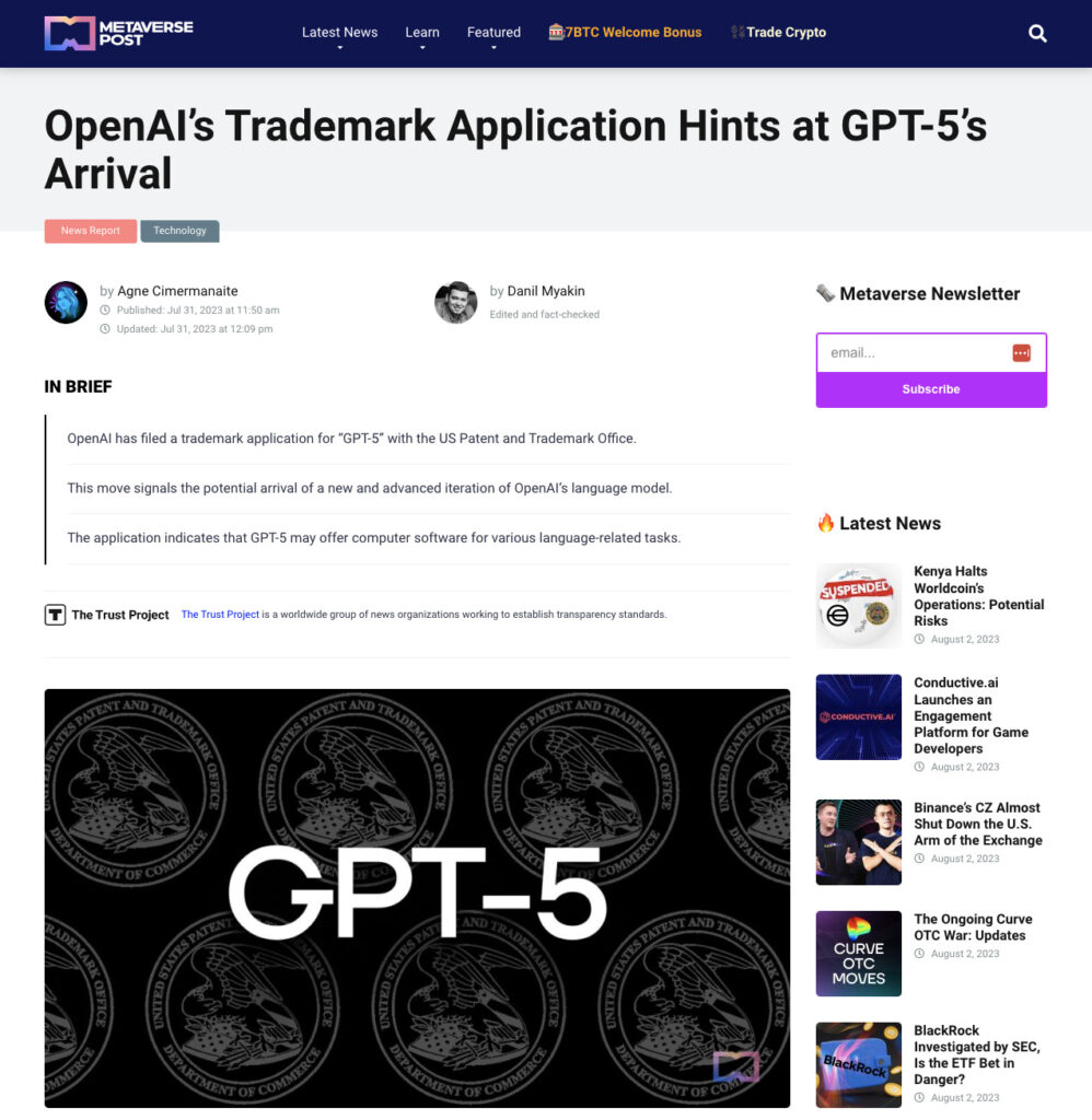 OpenAI’s Trademark Application Hints at GPT-5’s Arrival | Metaverse Post