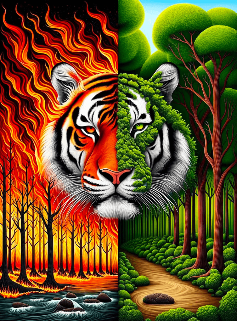 例④「DALL-E 3」で生成した画像：対照的な2つの世界を隔てるトラ