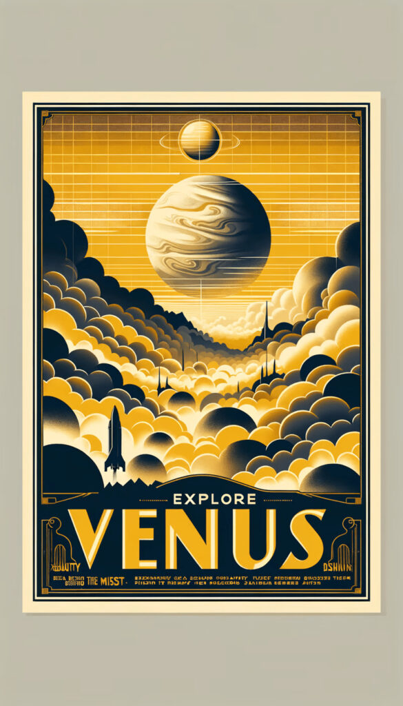 例③「DALL-E 3」で生成した画像：ヴィンテージの金星旅行ポスター