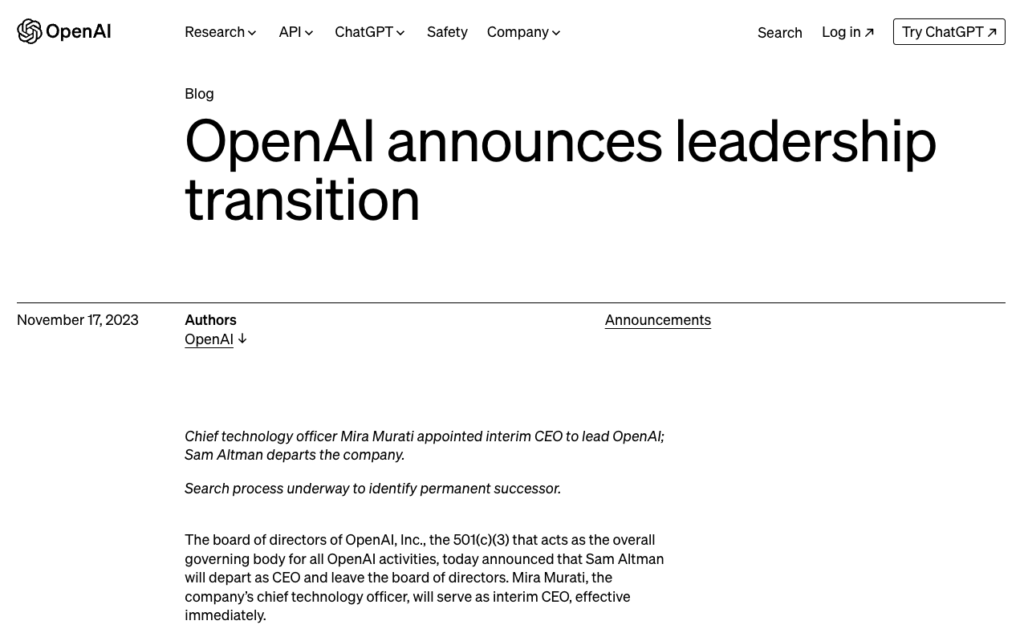 OpenAI announces leadership transition - OpenAI公式ブログ