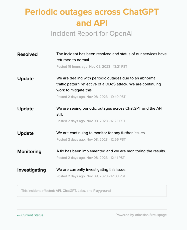 Periodic outages across ChatGPT and API
Incident Report for OpenAI