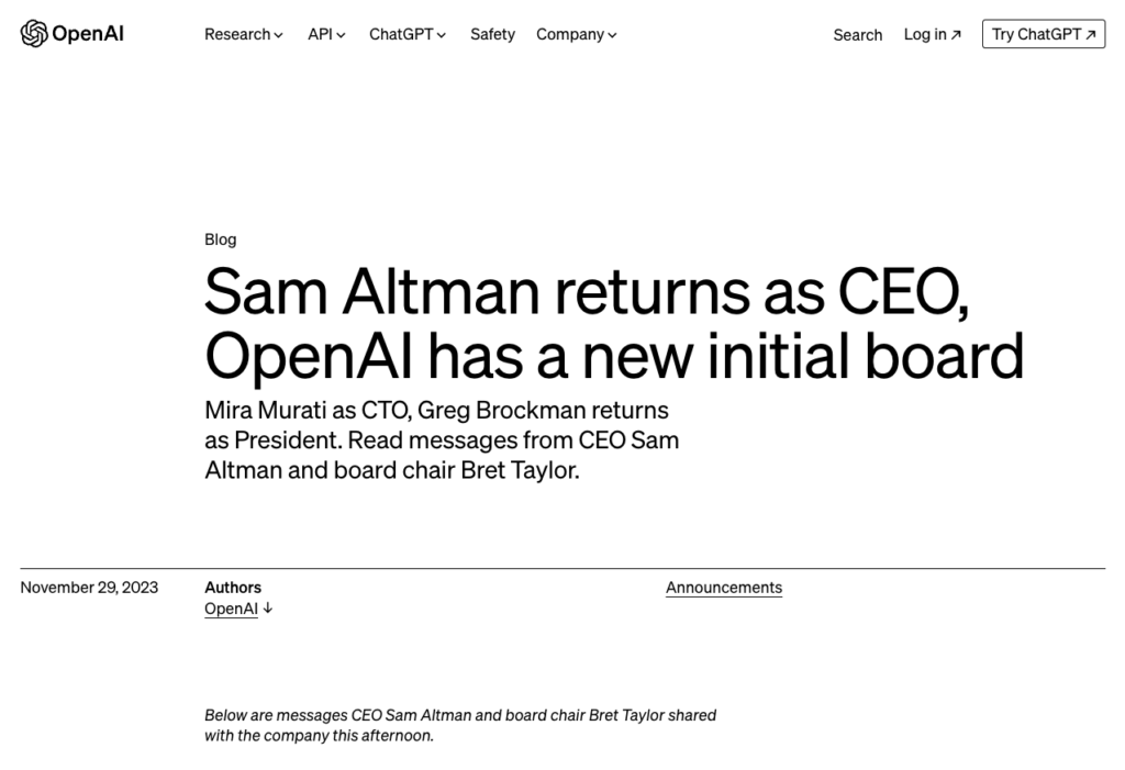 Sam Altman returns as CEO, OpenAI has a new initial board