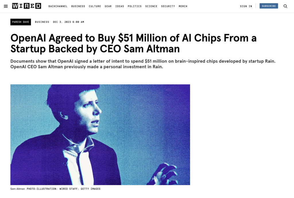 OpenAI Agreed to Buy $51 Million of AI Chips From a Startup Backed by CEO Sam Altman | WIRED