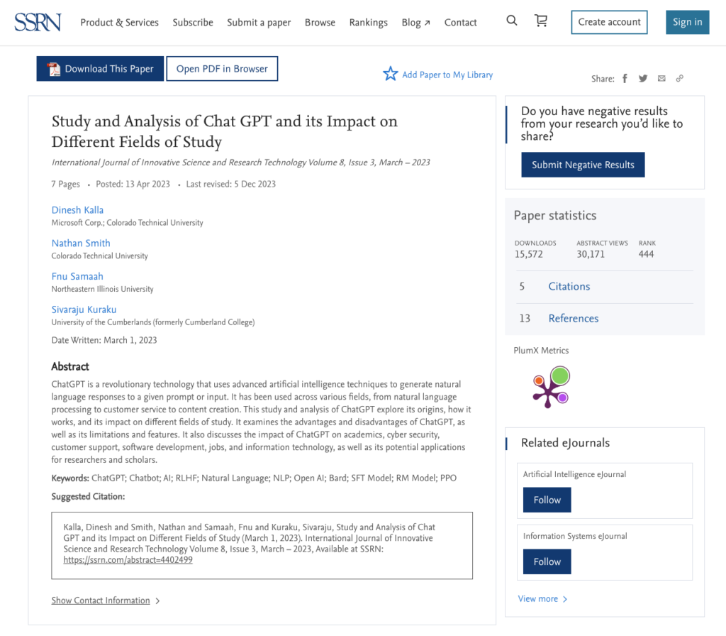 Study and Analysis of Chat GPT and its Impact on Different Fields of Study by Dinesh Kalla, Nathan Smith, Fnu Samaah, Sivaraju Kuraku :: SSRN