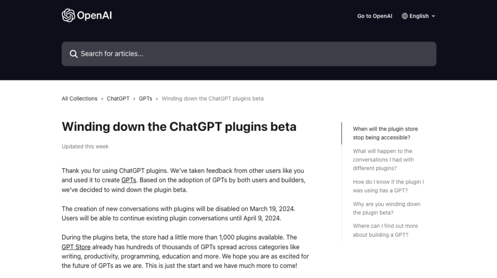 Winding down the ChatGPT plugins beta | OpenAI Help Center
