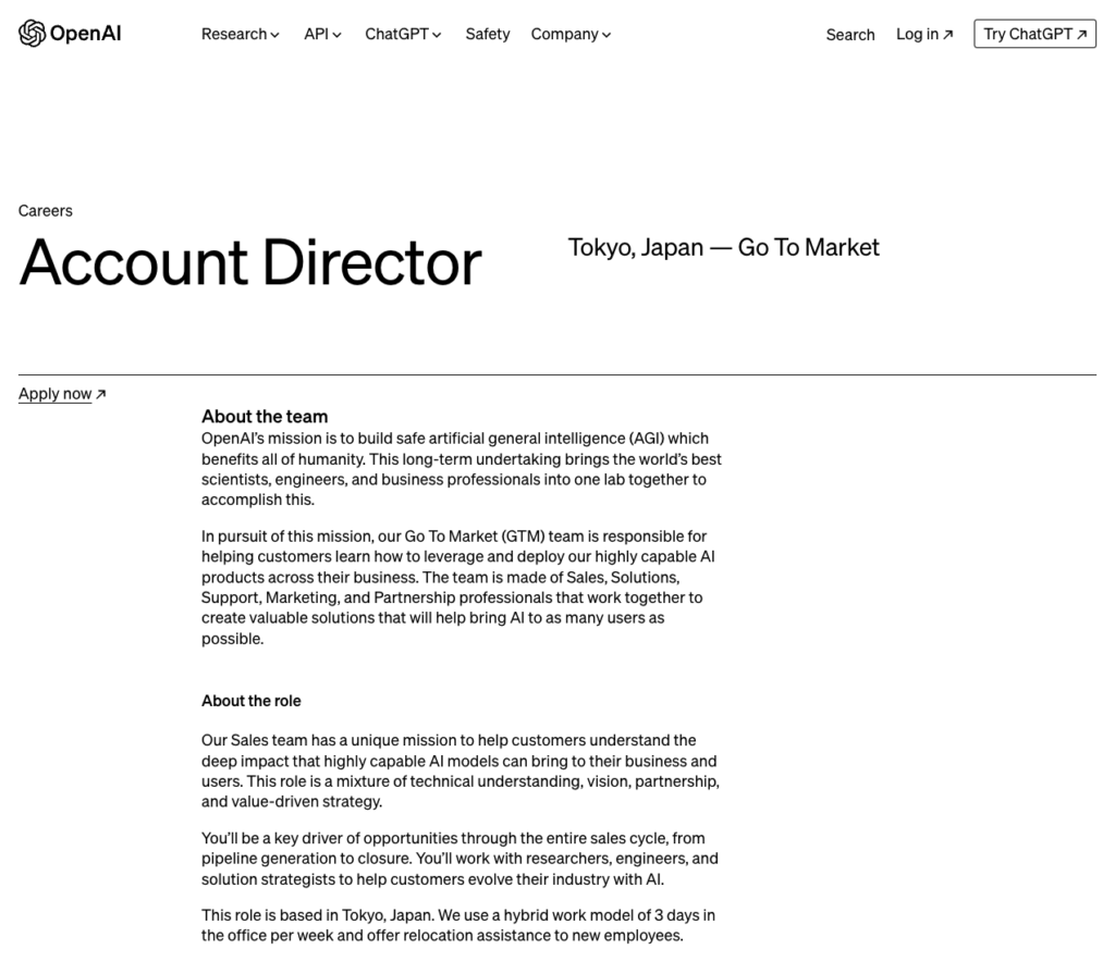 Account Director, OpenAI Tokyo, Japan 