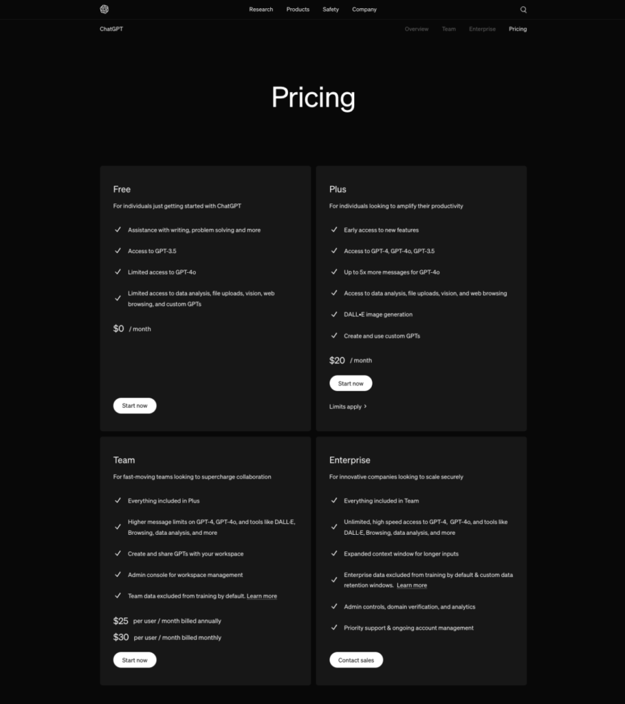 ChatGPT Pricing - OpenAI公式サイト