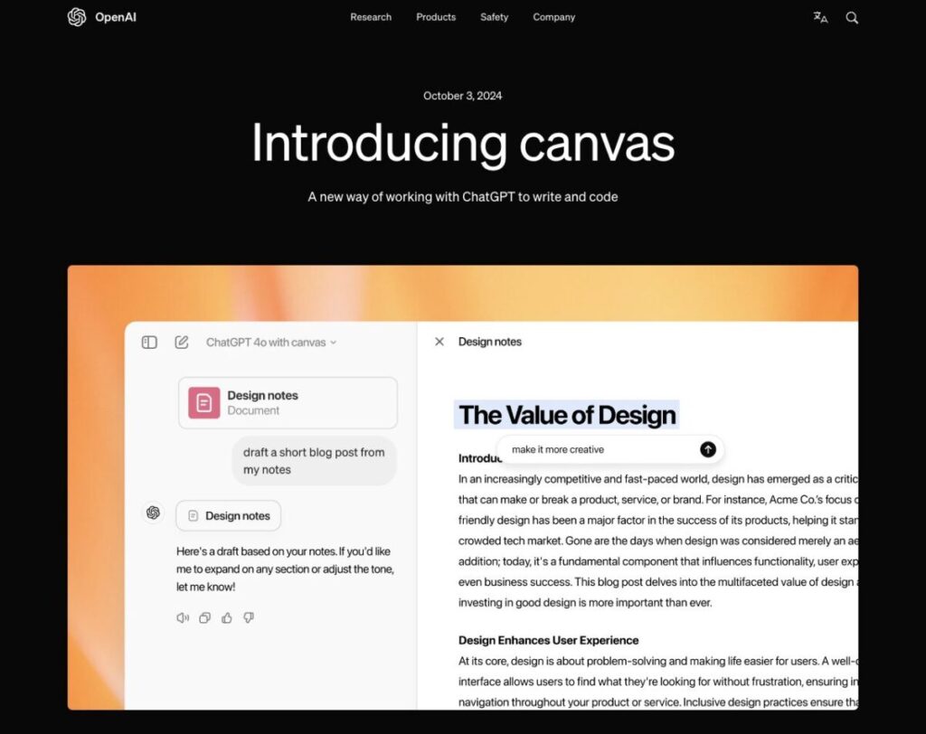 Canvas is a new way to write and code with ChatGPT | OpenAI