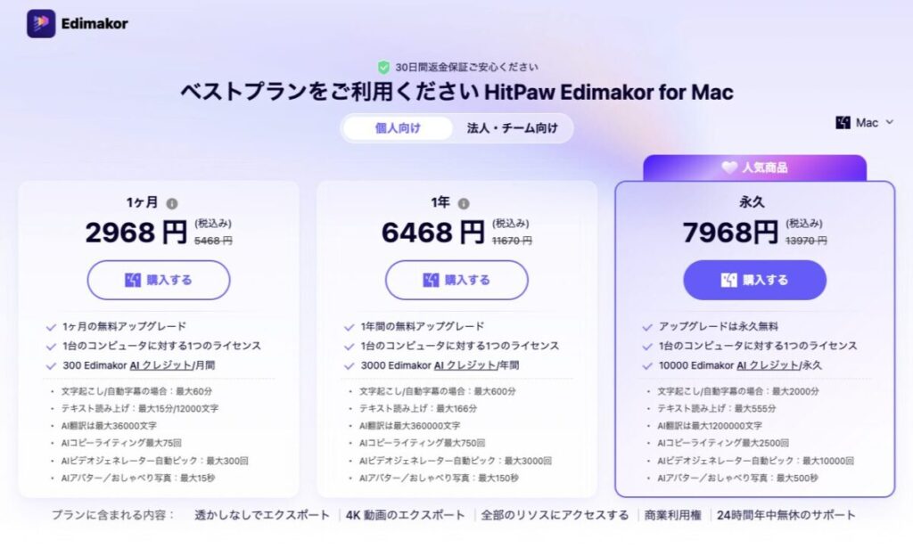 「HitPaw Edimakor」の料金プラン