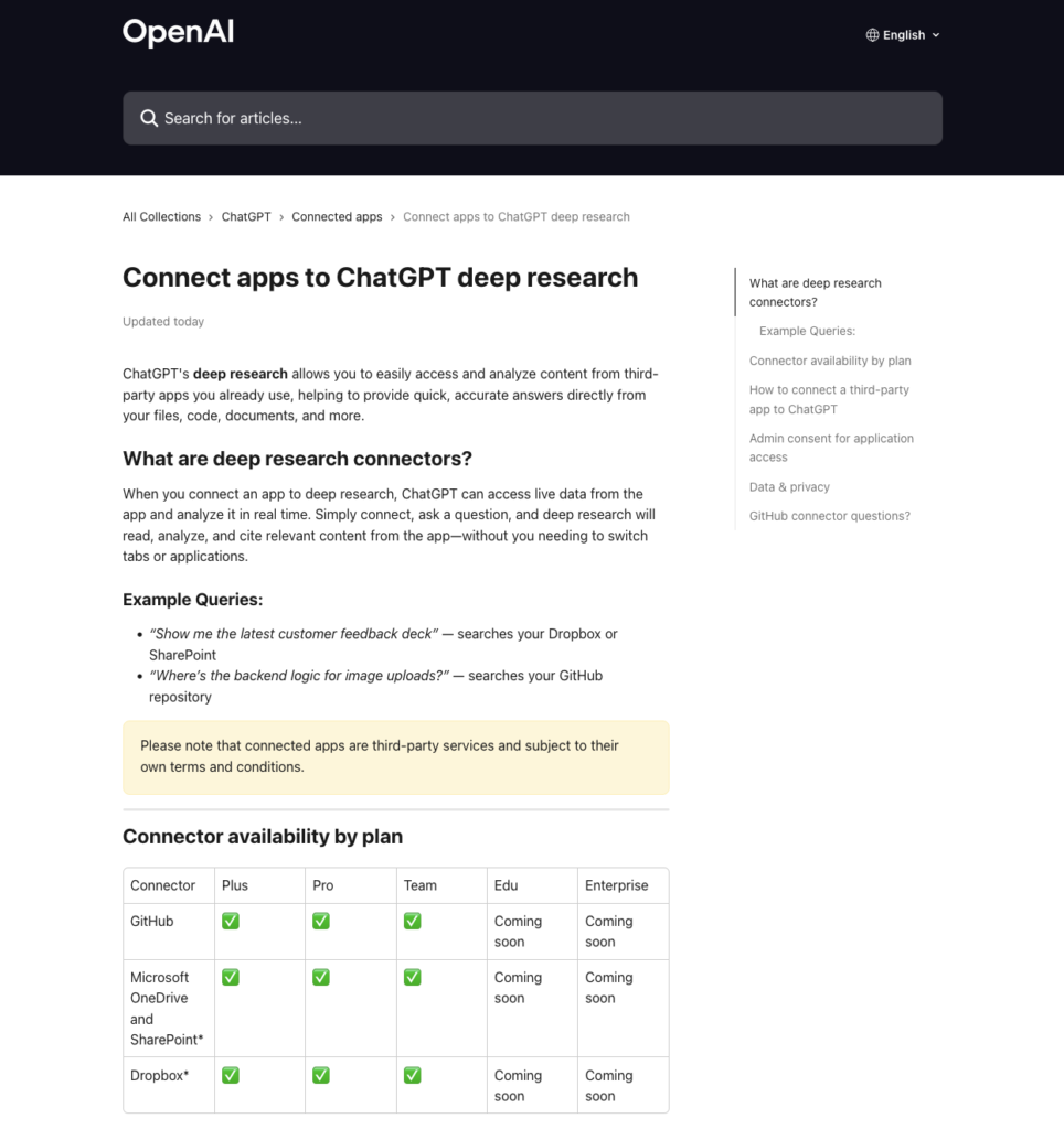 Connect apps to ChatGPT deep research | OpenAI Help Center
