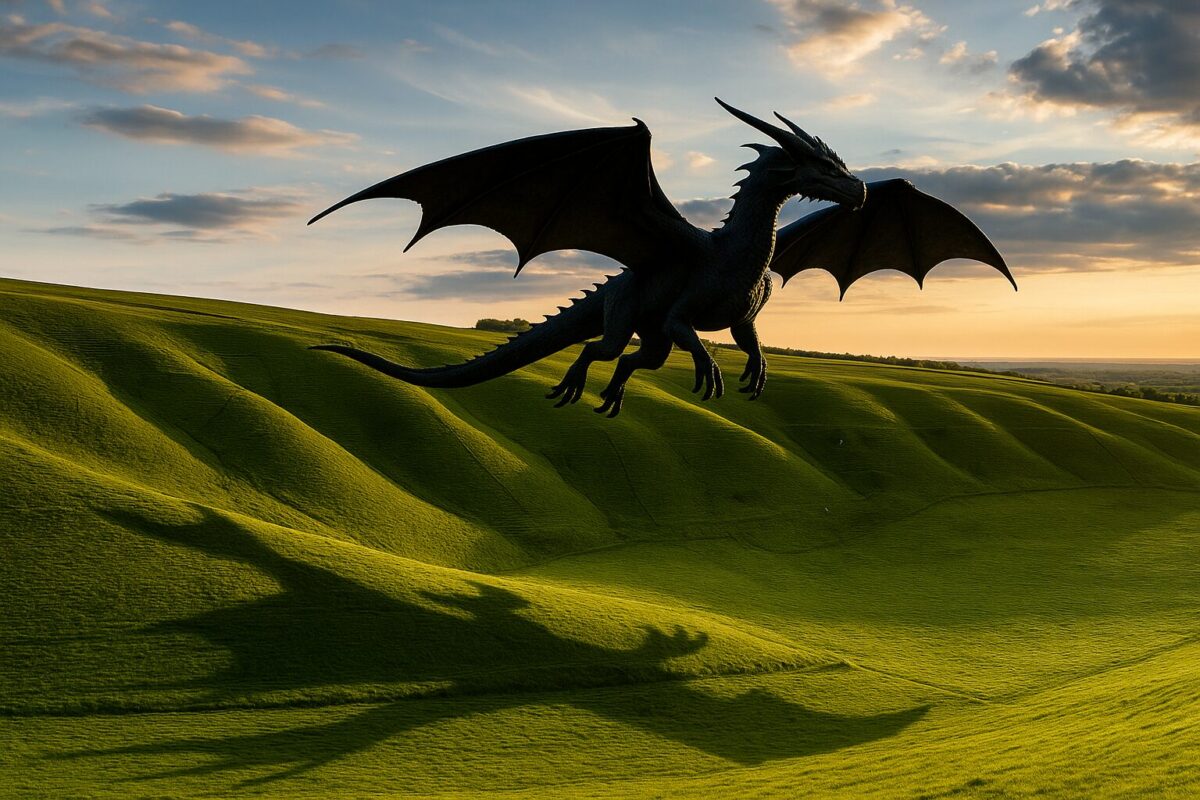 大きな黒いドラゴンを大草原の上空に追加した画像