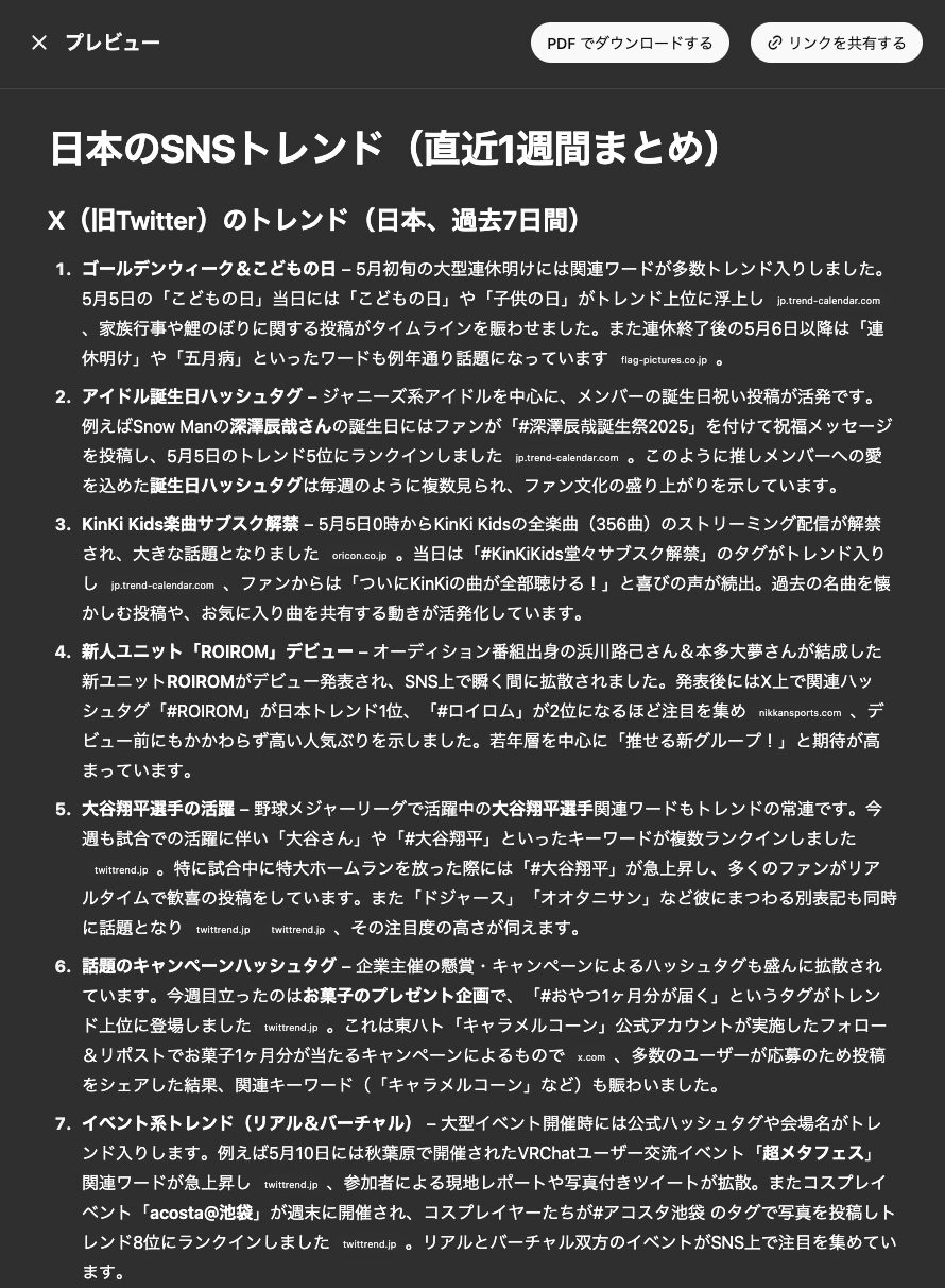 日本のSNSトレンド（直近1週間まとめ） - ChatGPT「Deep Research」