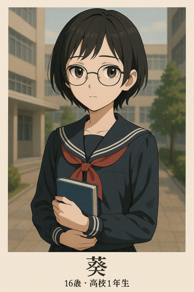 生成されたアニメ風のキャラクター名前：葵（あおい）